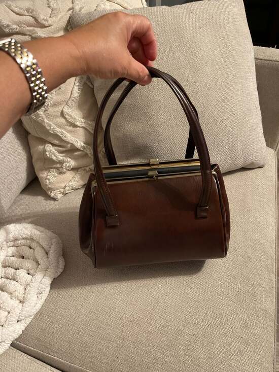 Vintage 1950s Ackery Brown Leather Triple Compartment Frame Handbag - Picture 2 of 9